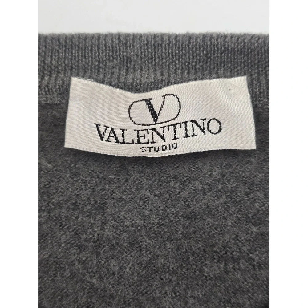 VALENTINO Logo Studio Gray Men's XL 52 Sweater Merino Wool V-Neck Vintage Italy